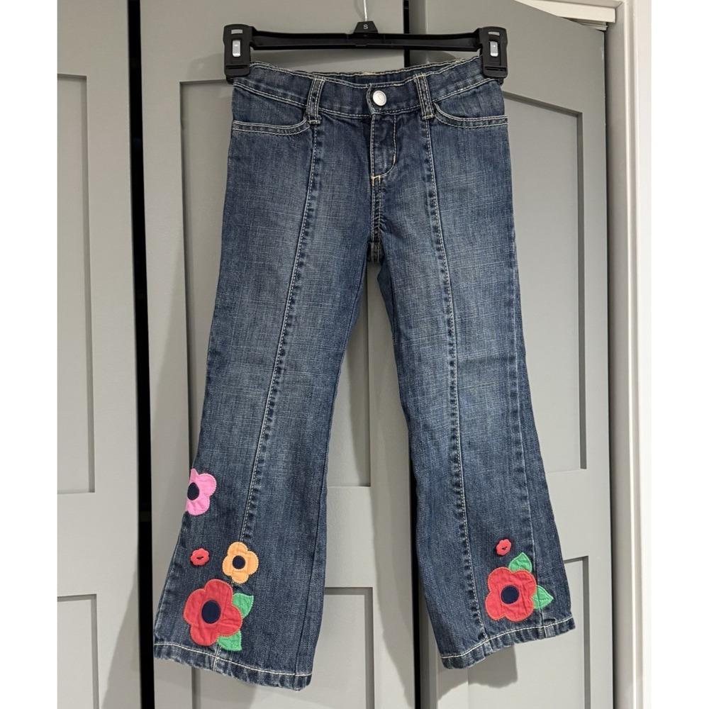 Gymboree Girls Floral Flare Stone Washed Boot Cut Jeans Size 5 Flowers Buttons